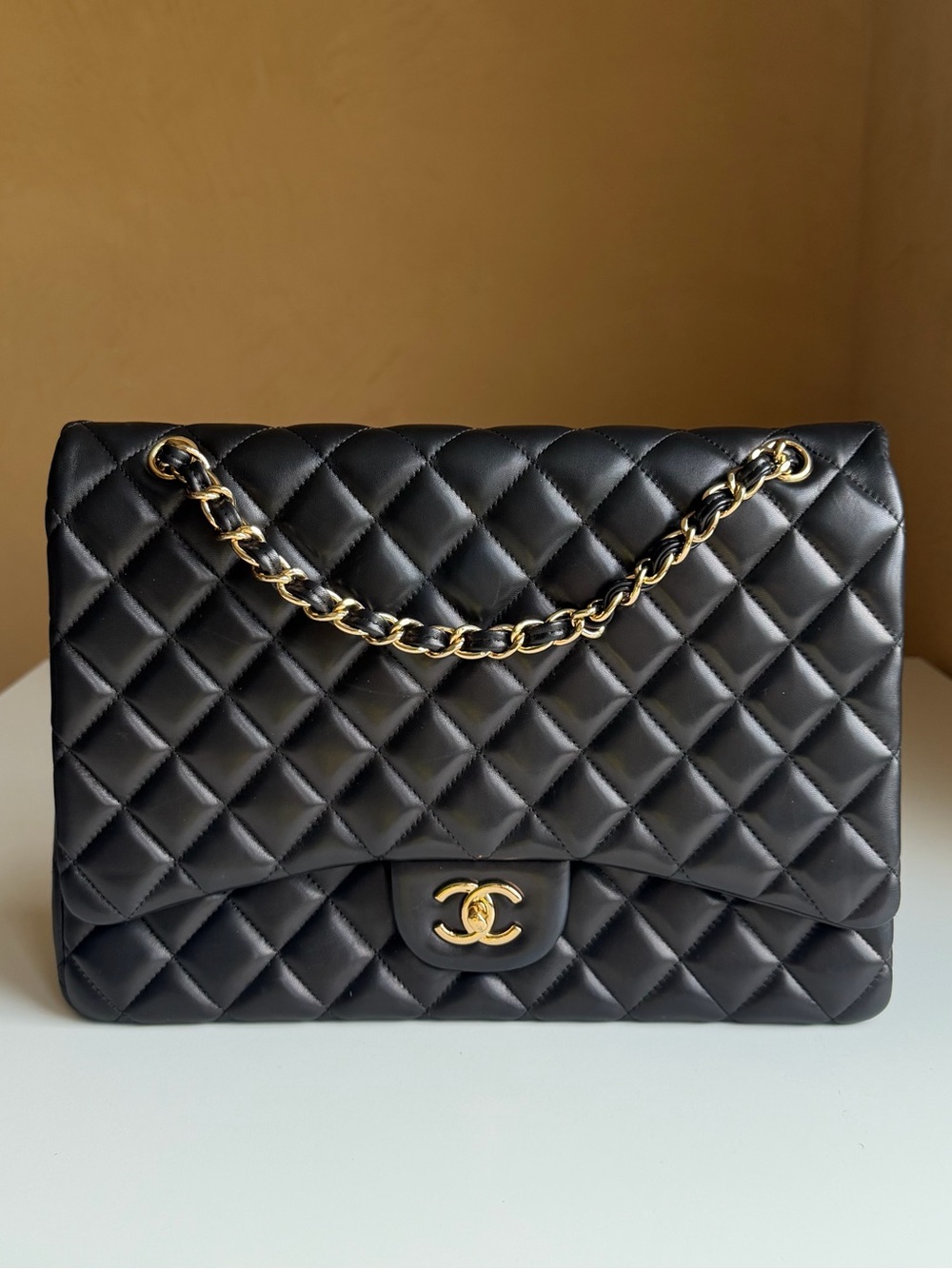 Chanel Turnlock Maxi Classic Single Flap Black Lambskin Gold Hardware Bag + Box